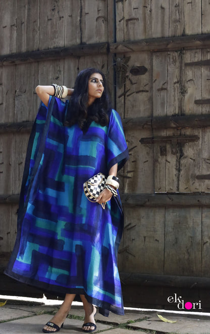 The Sky & Ocean Silk Kaftan Dress : Pure Silk Statement Kaftan Dress