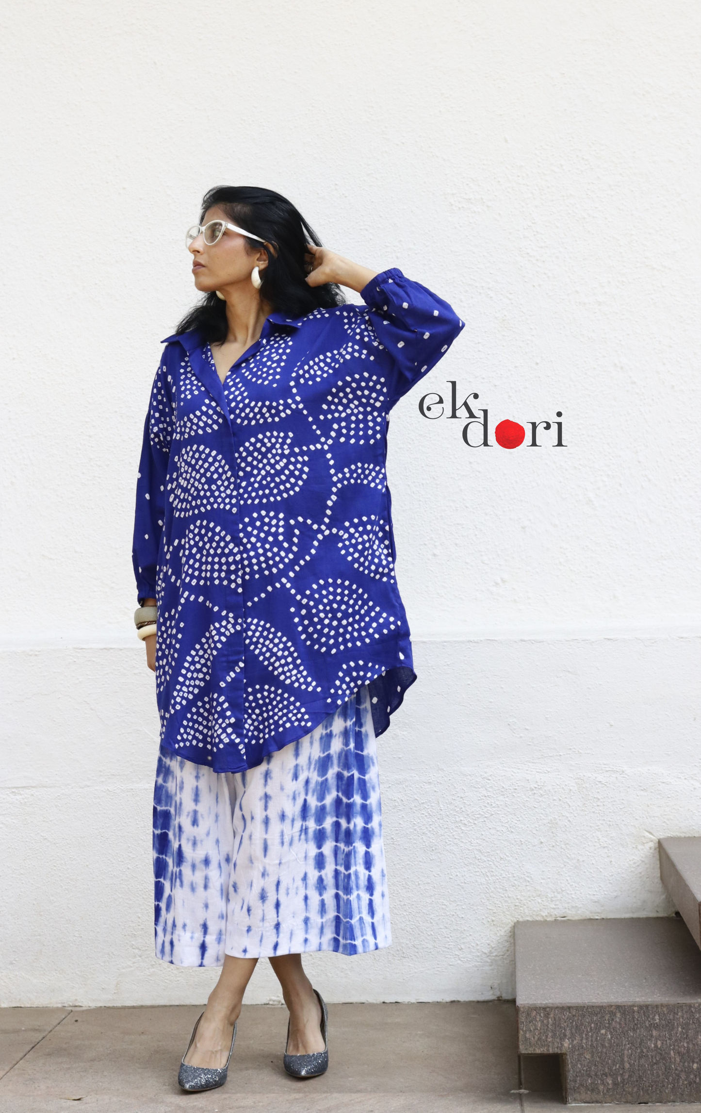 Bandhani Shibori 'Neel Bela' Cotton Co-ord Set : Buy Kurta Palazzo Cotton Co-ord Set Cotton Bandhani Set