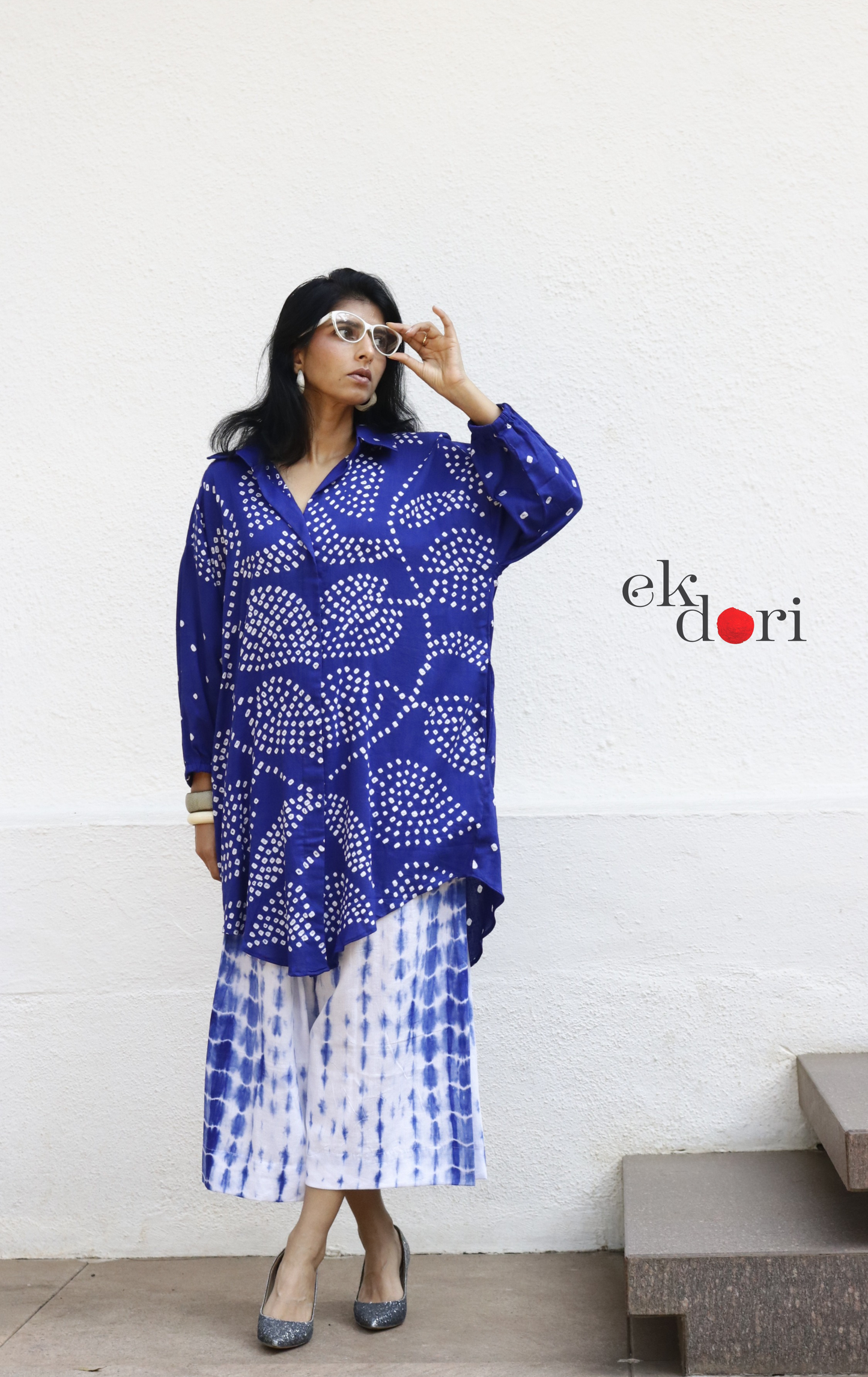 Bandhani Shibori 'Neel Bela' Cotton Co-ord Set : Buy Kurta Palazzo Cotton Co-ord Set Cotton Bandhani Set