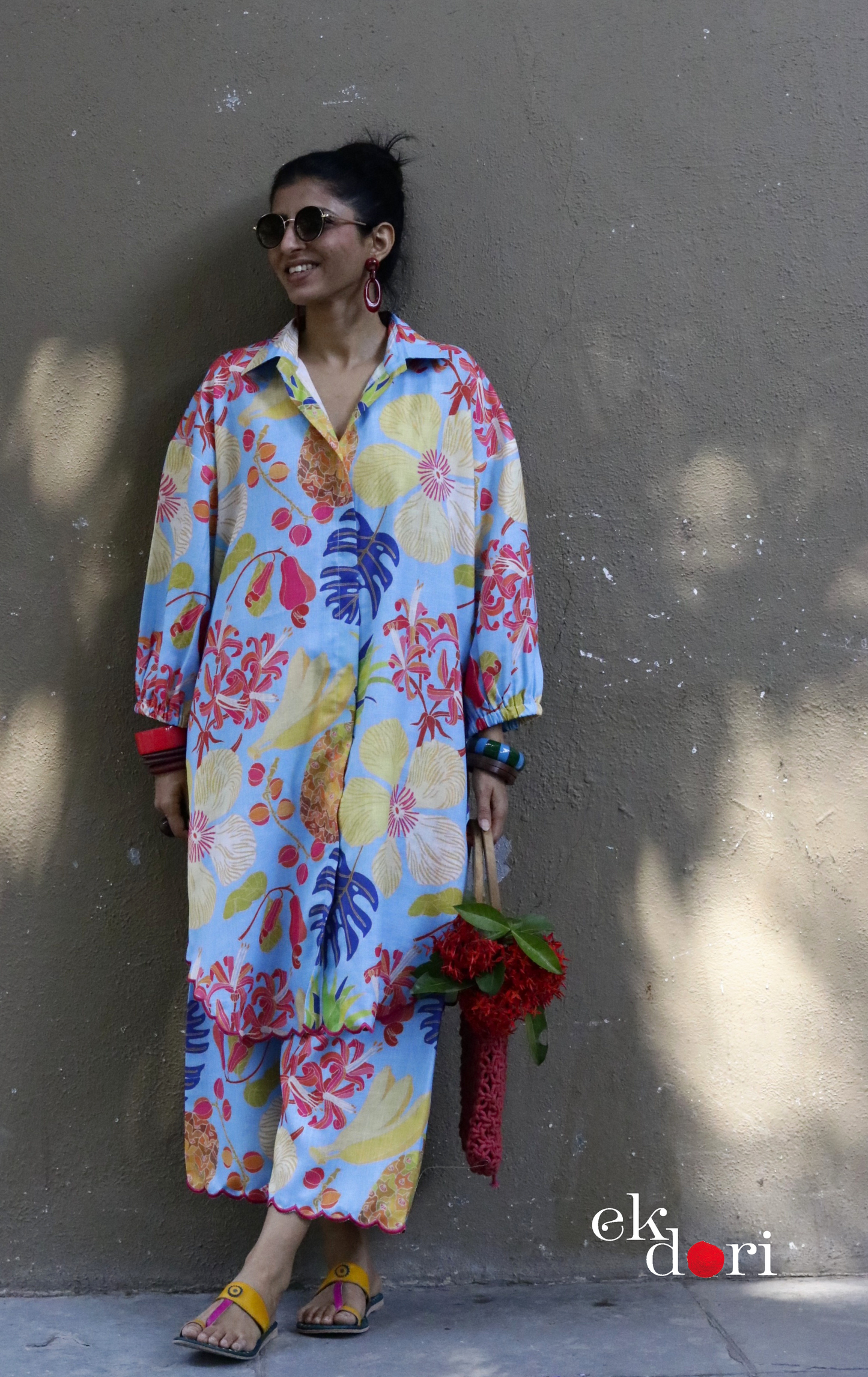 'Beach Resort' Scalloped Kurta Co-ord Set : Buy Cotton Linen Kurta Palazzo Fun Co-ord Set