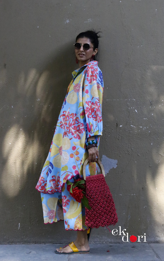 'Beach Resort' Scalloped Kurta Co-ord Set : Buy Cotton Linen Kurta Palazzo Fun Co-ord Set