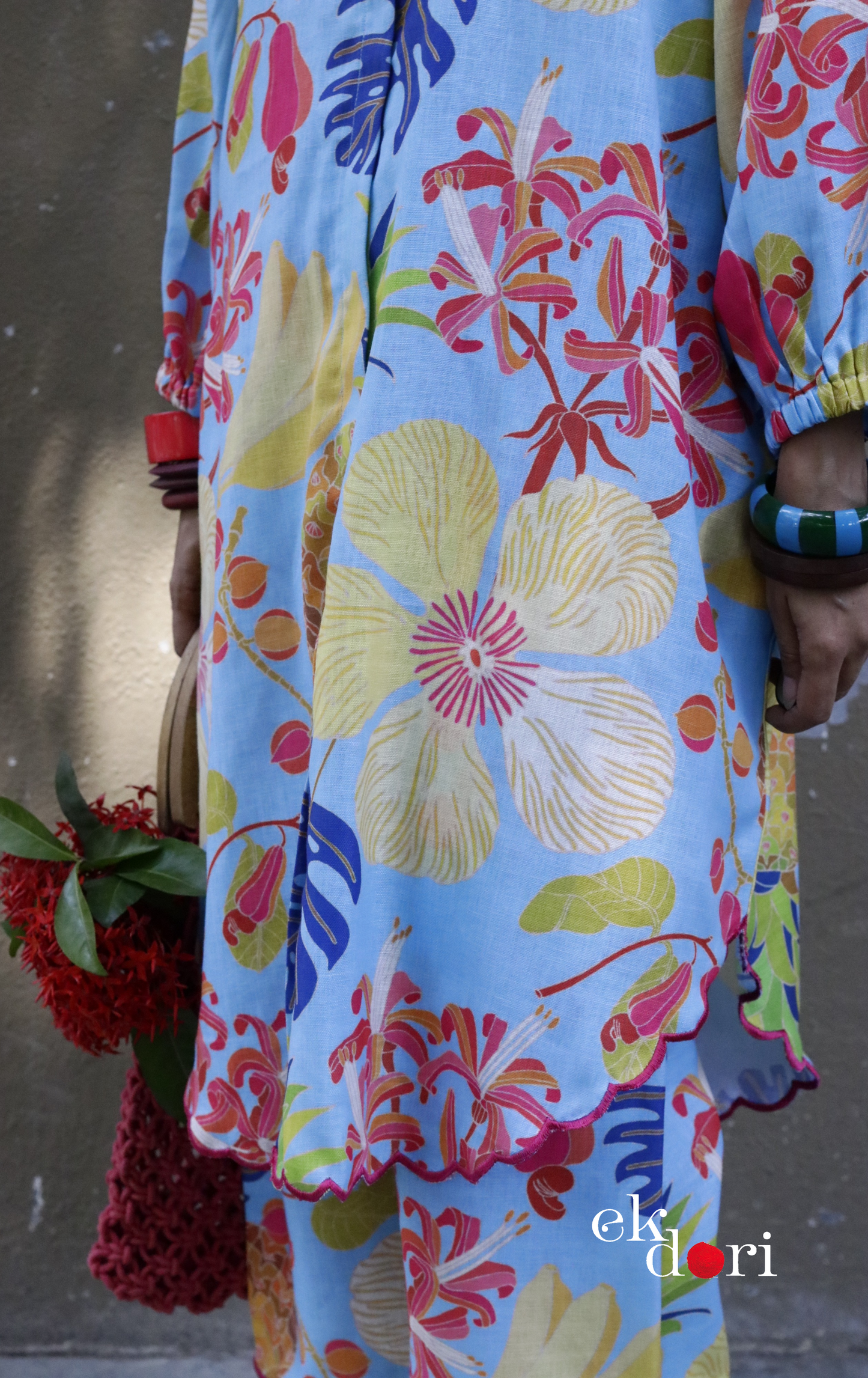 'Beach Resort' Scalloped Kurta Co-ord Set : Buy Cotton Linen Kurta Palazzo Fun Co-ord Set