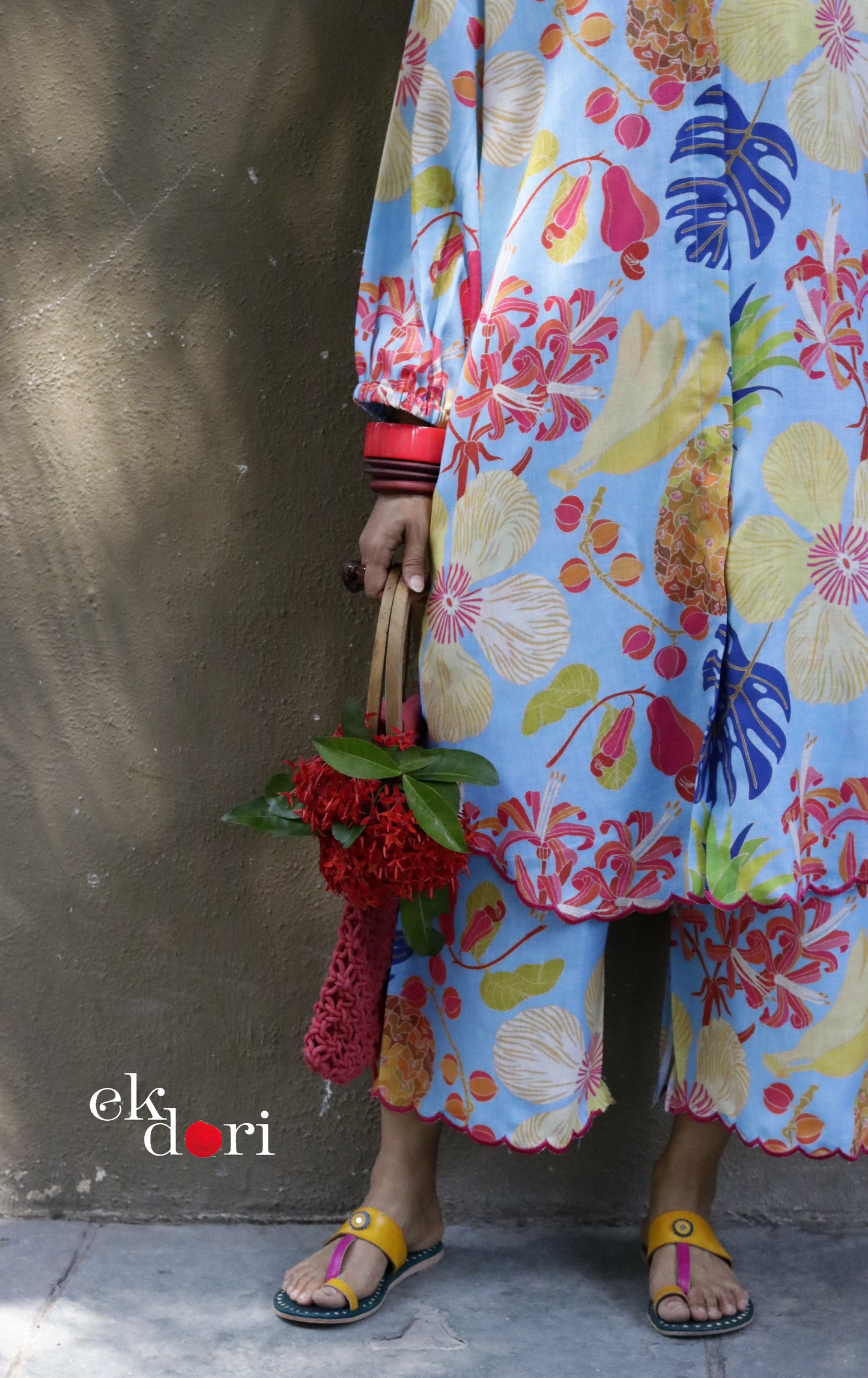 'Beach Resort' Scalloped Kurta Co-ord Set : Buy Cotton Linen Kurta Palazzo Fun Co-ord Set