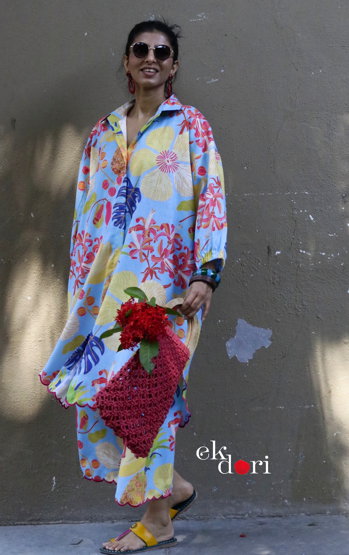 'Beach Resort' Scalloped Kurta Co-ord Set : Buy Cotton Linen Kurta Palazzo Fun Co-ord Set