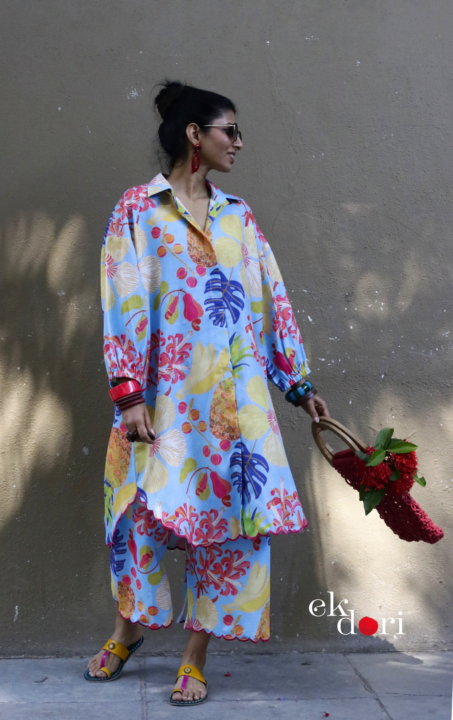 'Beach Resort' Scalloped Kurta Co-ord Set : Buy Cotton Linen Kurta Palazzo Fun Co-ord Set