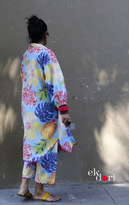 'Beach Resort' Scalloped Kurta Co-ord Set : Buy Cotton Linen Kurta Palazzo Fun Co-ord Set