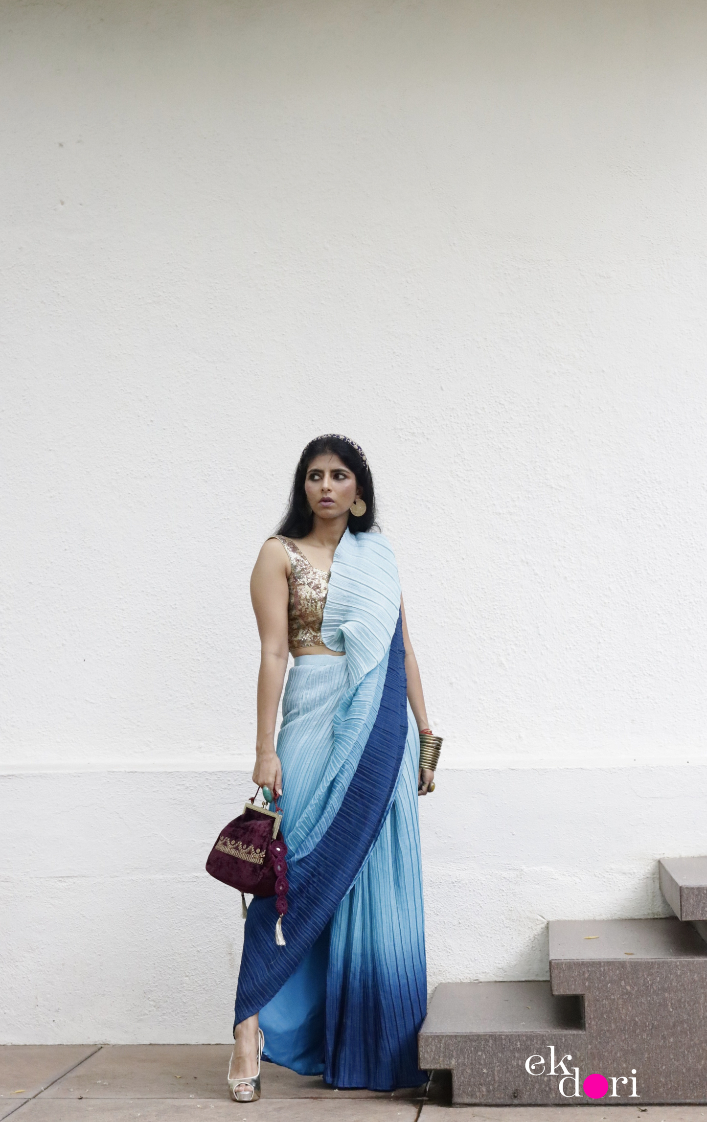 'Deep Ocean' Ready To Wear Draped Saree Skirt : Fun Modern Micropleated Quick Draped Saree