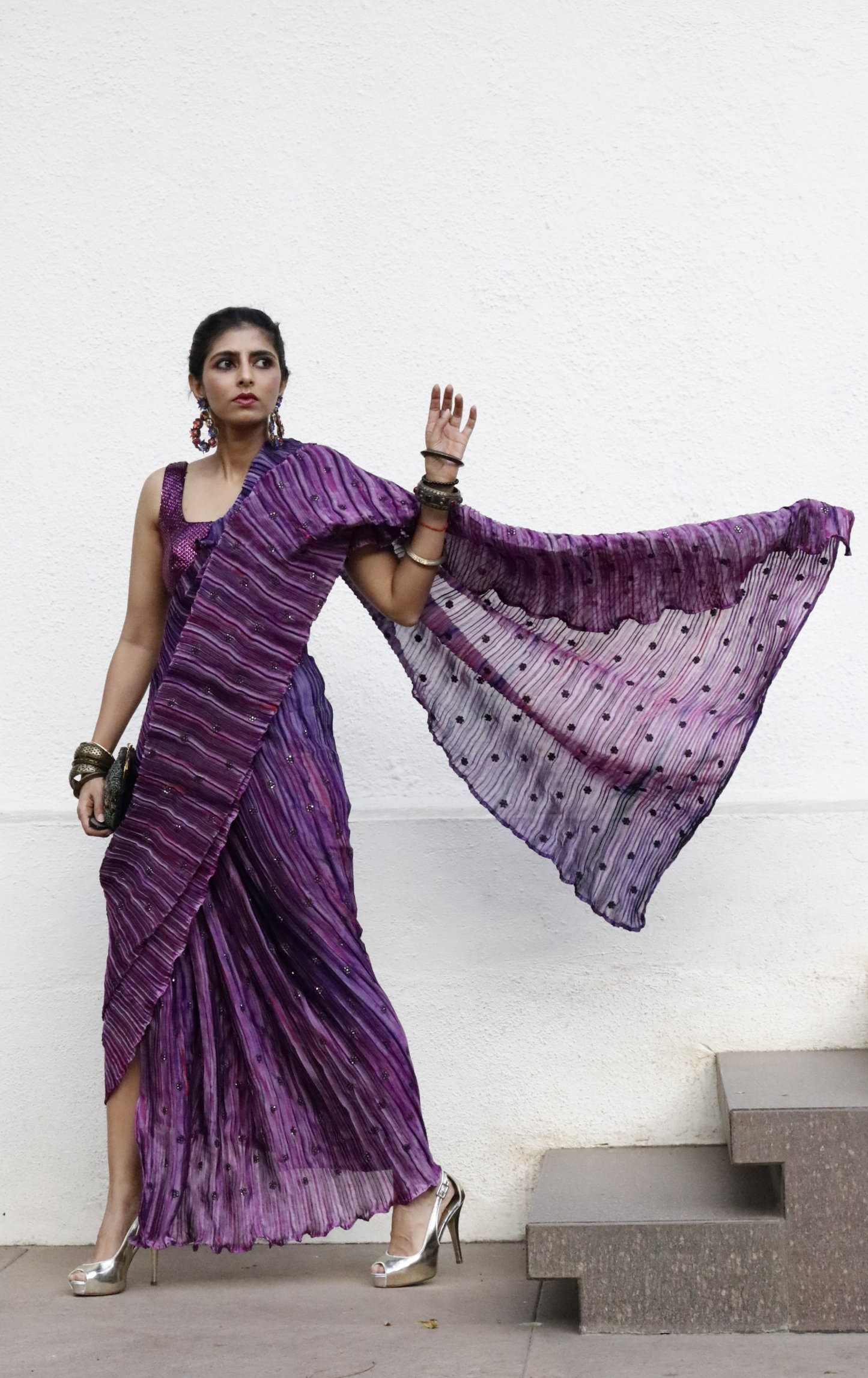 'Purple Plum' Ready To Wear Draped Saree Skirt : Fun Modern Micropleated Quick Draped Saree