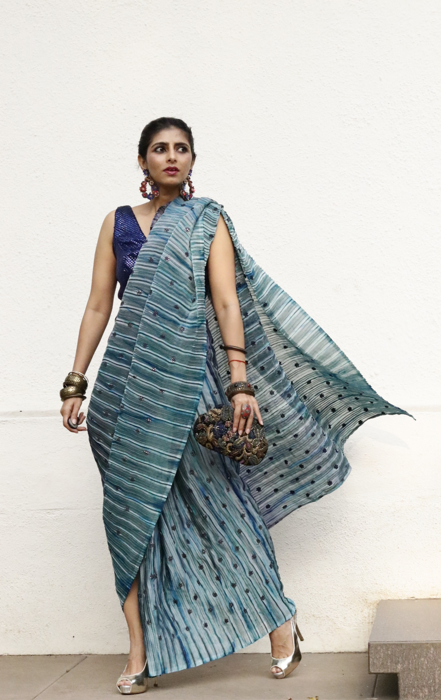 'Deep Ocean' Ready To Wear Draped Saree Skirt : Fun Modern Micropleated Quick Draped Saree