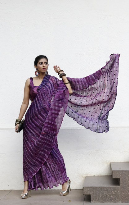 'Purple Plum' Ready To Wear Draped Saree Skirt : Fun Modern Micropleated Quick Draped Saree