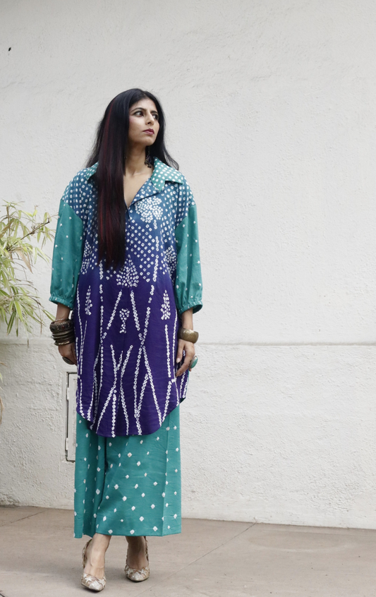 Bandhani 'Ocean' Cotton Co-ord Set In Blue Green Ombre: Buy Kurta Palazzo Cotton Co-ord Set