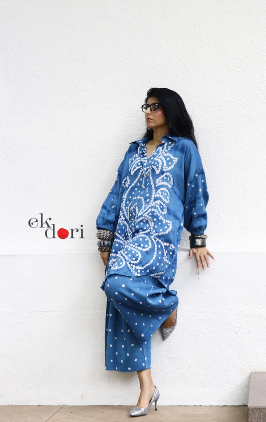 Bandhani 'Blue Waves' Blue Cotton Co-ord Set : Buy Kurta Palazzo Cotton Co-ord Set Cotton Bandhani And Shibori Set