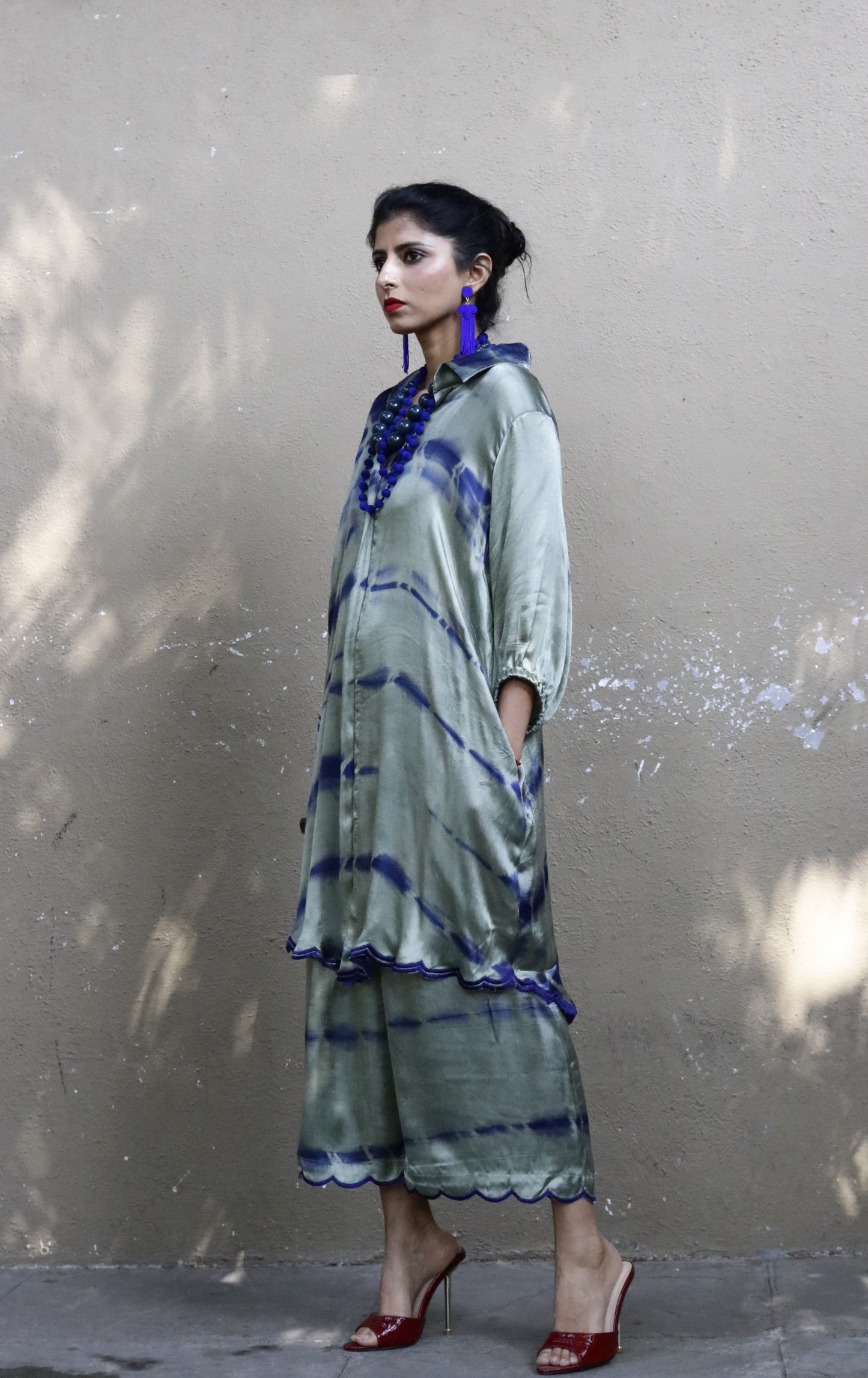 Tie & Dye Shibori 'Moss Garden' Blue  Green Mashru Co-ord Set : Buy Kurta Palazzo Mushru Co-ord Set