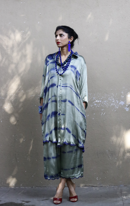 Tie & Dye Shibori 'Moss Garden' Blue  Green Mashru Co-ord Set : Buy Kurta Palazzo Mushru Co-ord Set