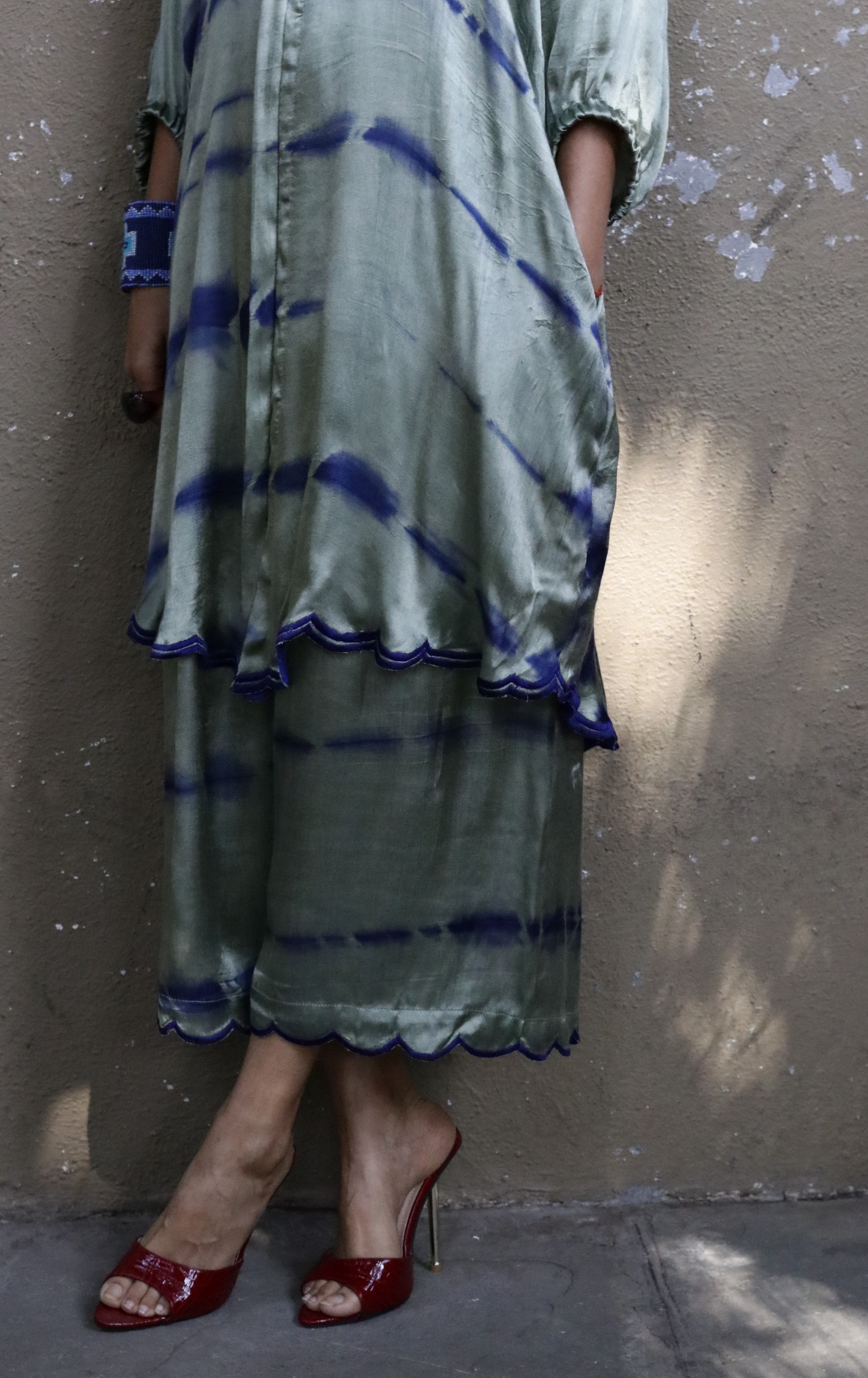 Tie & Dye Shibori 'Moss Garden' Blue  Green Mashru Co-ord Set : Buy Kurta Palazzo Mushru Co-ord Set