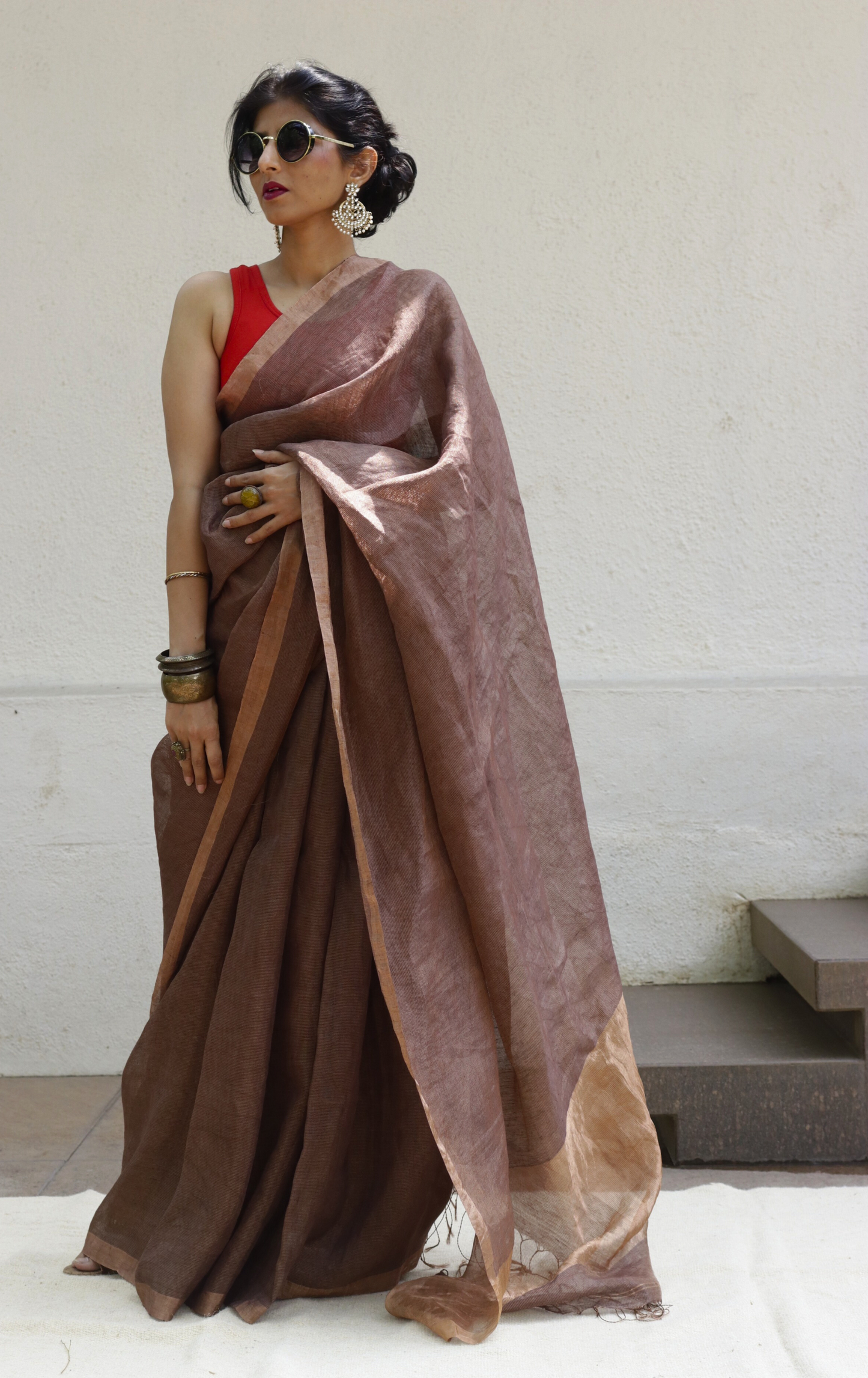 Buy Silk Linen 'Bronze Age' Bronze Gold Metallic Sari : Gold Silk Linen Summer Saree