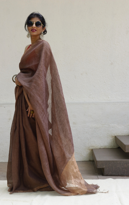 Buy Silk Linen 'Bronze Age' Bronze Gold Metallic Sari : Gold Silk Linen Summer Saree