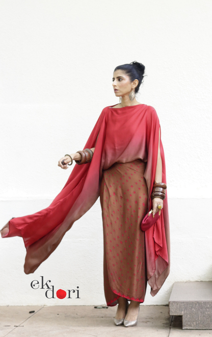Bandhani Modal Co-ord Skirt Set 'Wood Fire' : 2 Piece Skirt Top Co-ord Set