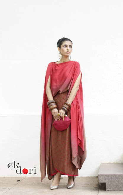 Bandhani Modal Co-ord Skirt Set 'Wood Fire' : 2 Piece Skirt Top Co-ord Set