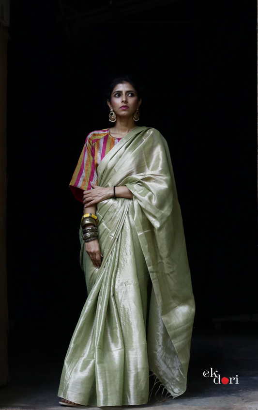 Buy Tissue Mul Cotton Metallic Pale Green Sari : 'Pista Shells' Tissue Mul Cotton Budget Festive Saree