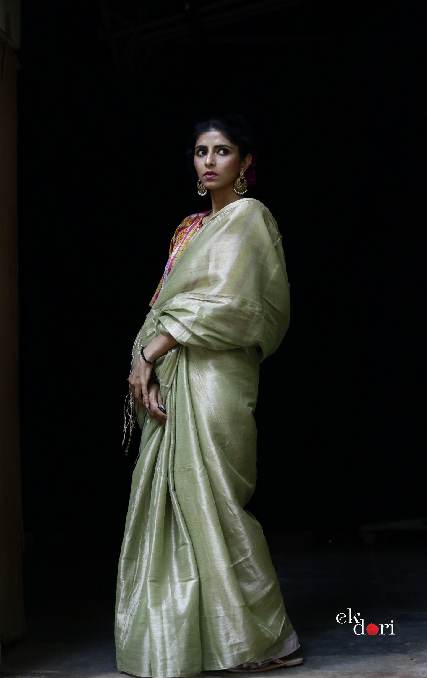Buy Tissue Mul Cotton Metallic Pale Green Sari : 'Pista Shells' Tissue Mul Cotton Budget Festive Saree