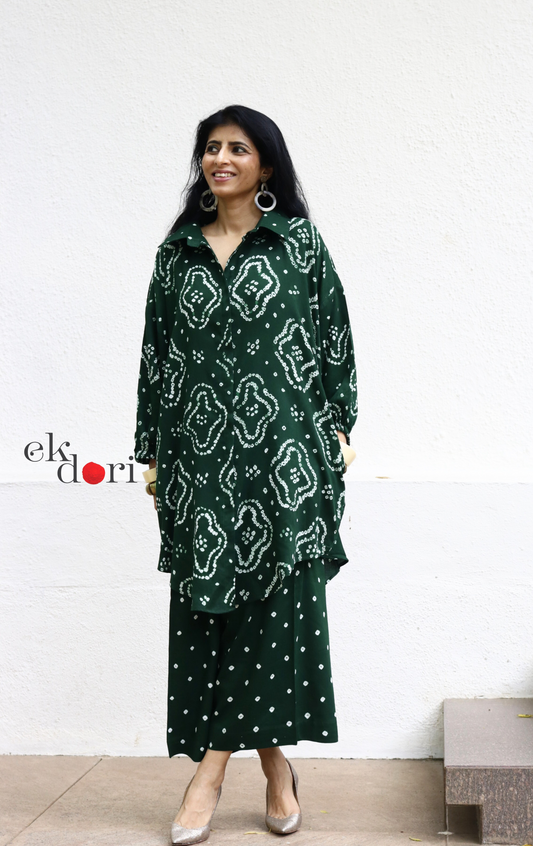 Bandhani 'Rain Forest' Green Cotton Co-ord Set : Buy Kurta Palazzo Cotton Co-ord Set