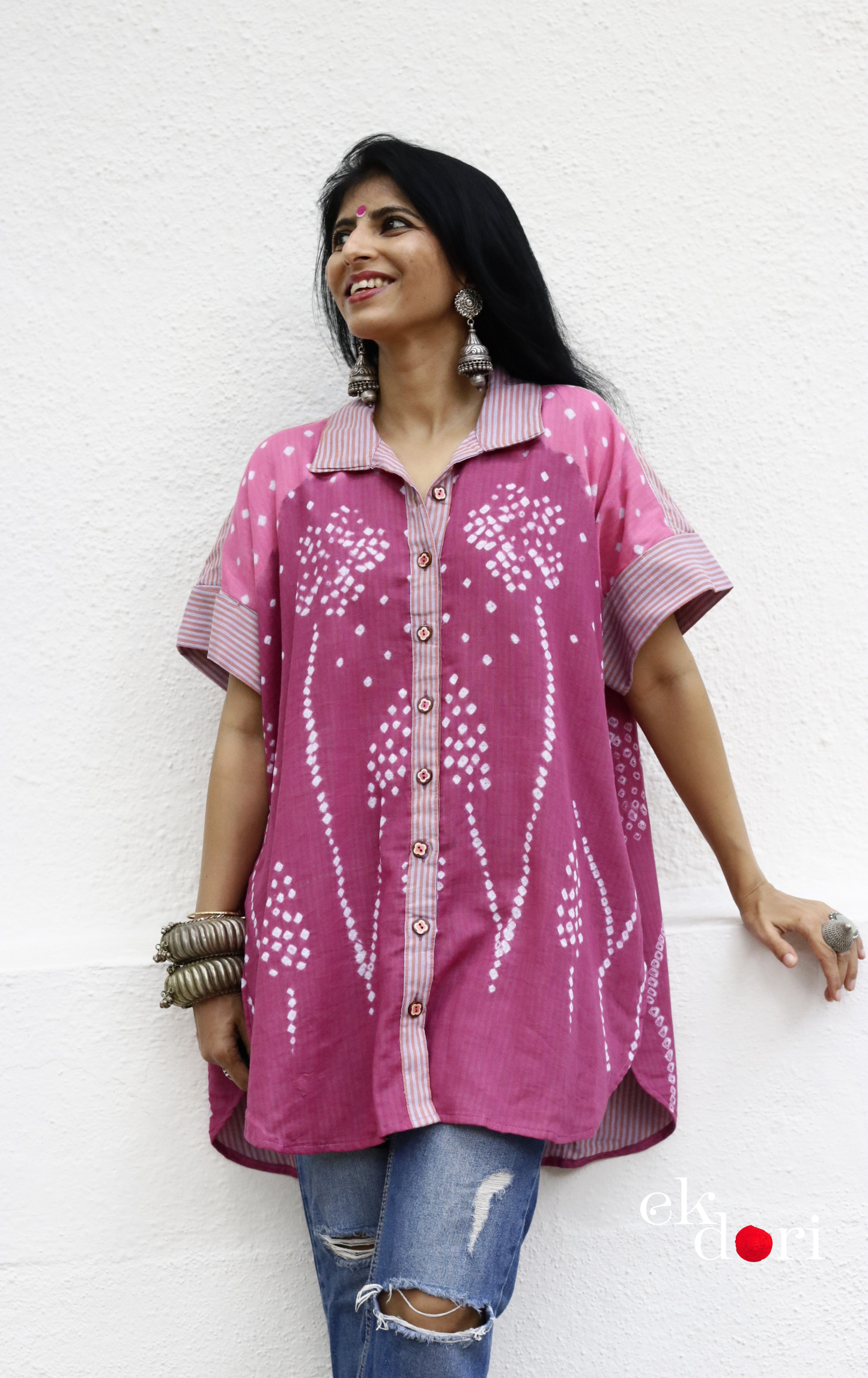 Bandhani 'Flower Garden' Cotton Shirt : Buy Bandhani Pink Purple Cotton Shirt