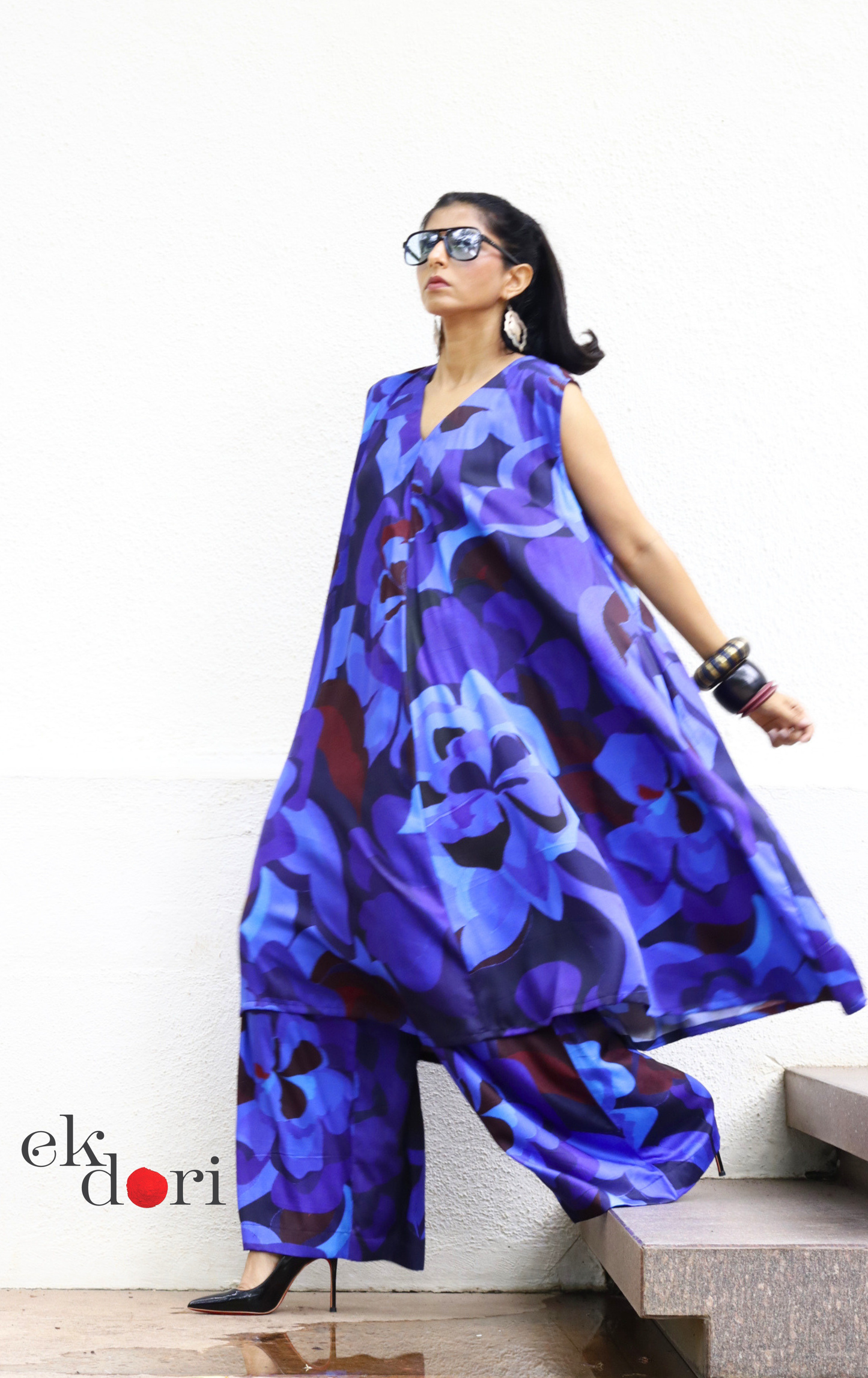 Abstract Print Cotton Satin Kurta Palazzo Co-ord Set in Blue | 'Blue Rhapsody' | Ek Dori