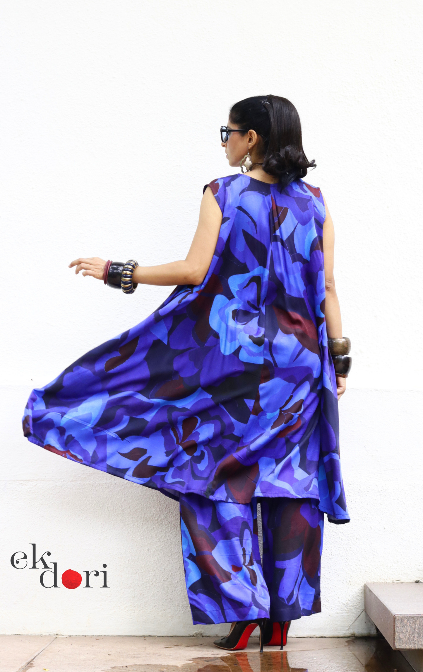 Abstract Print Cotton Satin Kurta Palazzo Co-ord Set in Blue | 'Blue Rhapsody' | Ek Dori