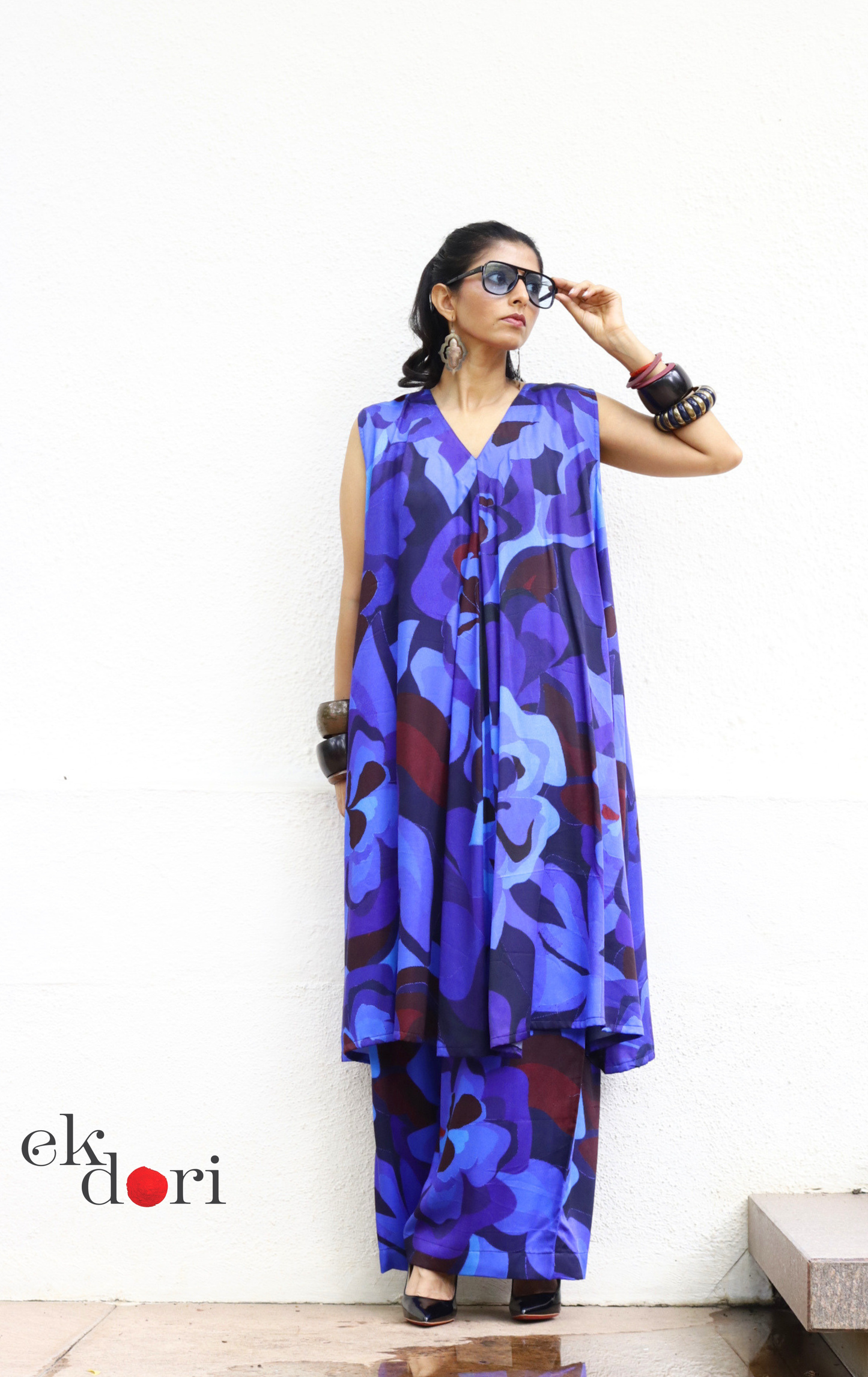 Abstract Print Cotton Satin Kurta Palazzo Co-ord Set in Blue | 'Blue Rhapsody' | Ek Dori