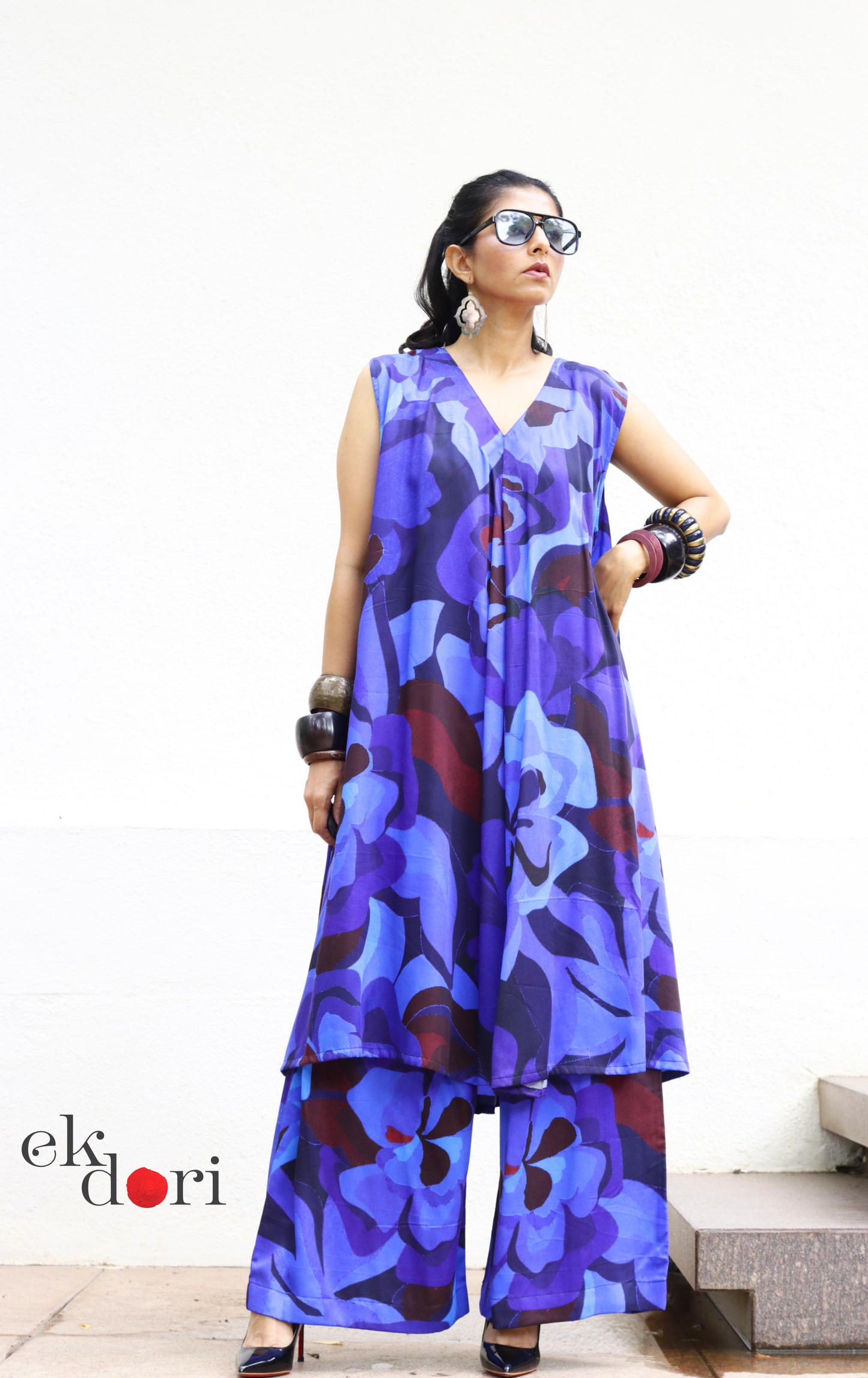 Abstract Print Cotton Satin Kurta Palazzo Co-ord Set in Blue | 'Blue Rhapsody' | Ek Dori