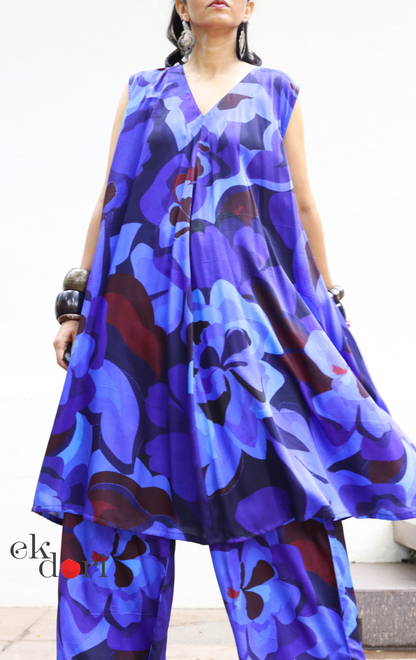 Abstract Print Cotton Satin Kurta Palazzo Co-ord Set in Blue | 'Blue Rhapsody' | Ek Dori