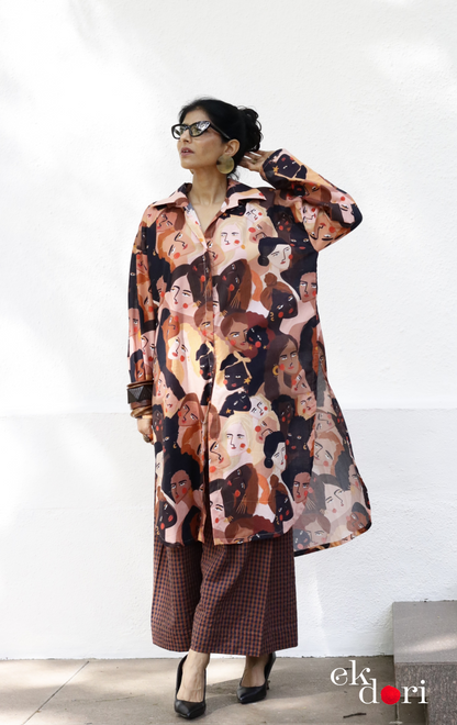 Cotton Blend Kurta Co-Ord Set 'Making Faces' : Buy Palazzo Pant Kurta Cotton Co-ord Set In Quirky Fun Print