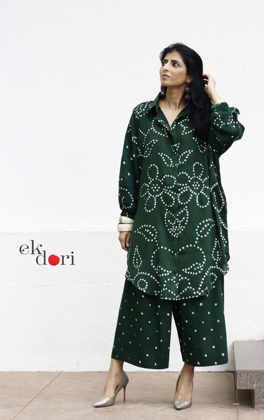 Bandhani 'Bahaar' Green Cotton Co-ord Set : Buy Kurta Palazzo Cotton Co-ord Set