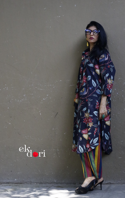 Cotton Kurta Co-Ord Set 'Black Birdsong' : Buy Palazzo Pant Kurta Cotton Co-ord Set In Bright Fun Print