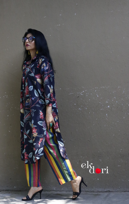 Cotton Kurta Co-Ord Set 'Black Birdsong' : Buy Palazzo Pant Kurta Cotton Co-ord Set In Bright Fun Print