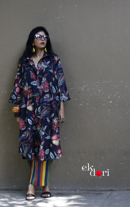 Cotton Kurta Co-Ord Set 'Black Birdsong' : Buy Palazzo Pant Kurta Cotton Co-ord Set In Bright Fun Print