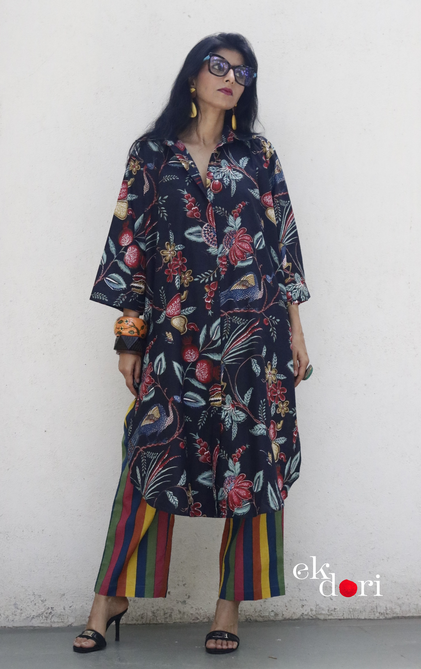 Cotton Kurta Co-Ord Set 'Black Birdsong' : Buy Palazzo Pant Kurta Cotton Co-ord Set In Bright Fun Print