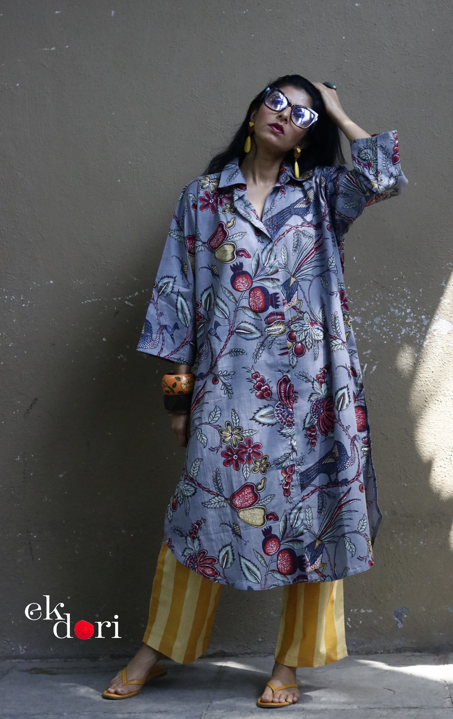 Cotton Kurta Co-Ord Set 'Grey Birdsong' : Buy Palazzo Pant Kurta Cotton Co-ord Set In Bright Fun Print