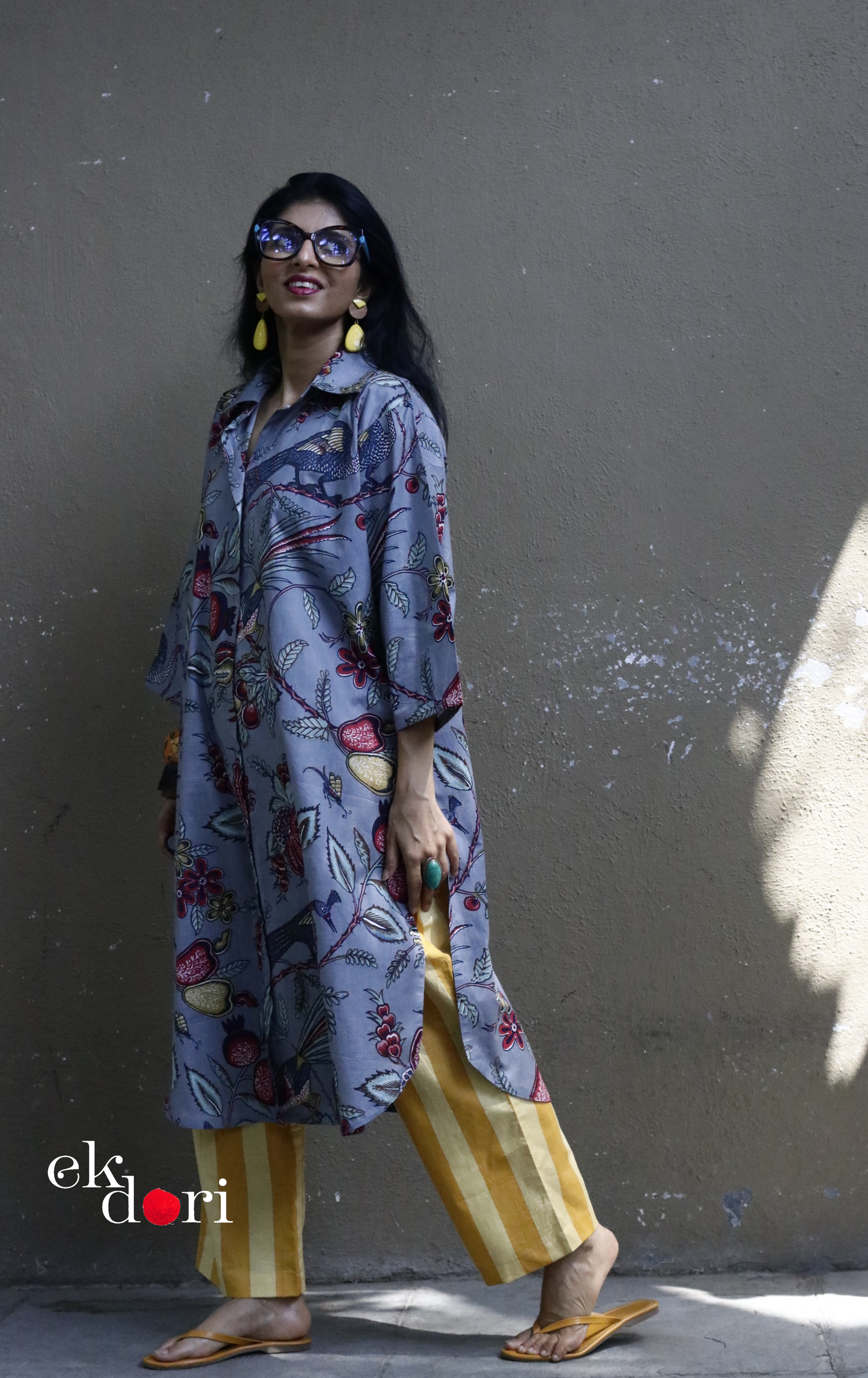 Cotton Kurta Co-Ord Set 'Grey Birdsong' : Buy Palazzo Pant Kurta Cotton Co-ord Set In Bright Fun Print