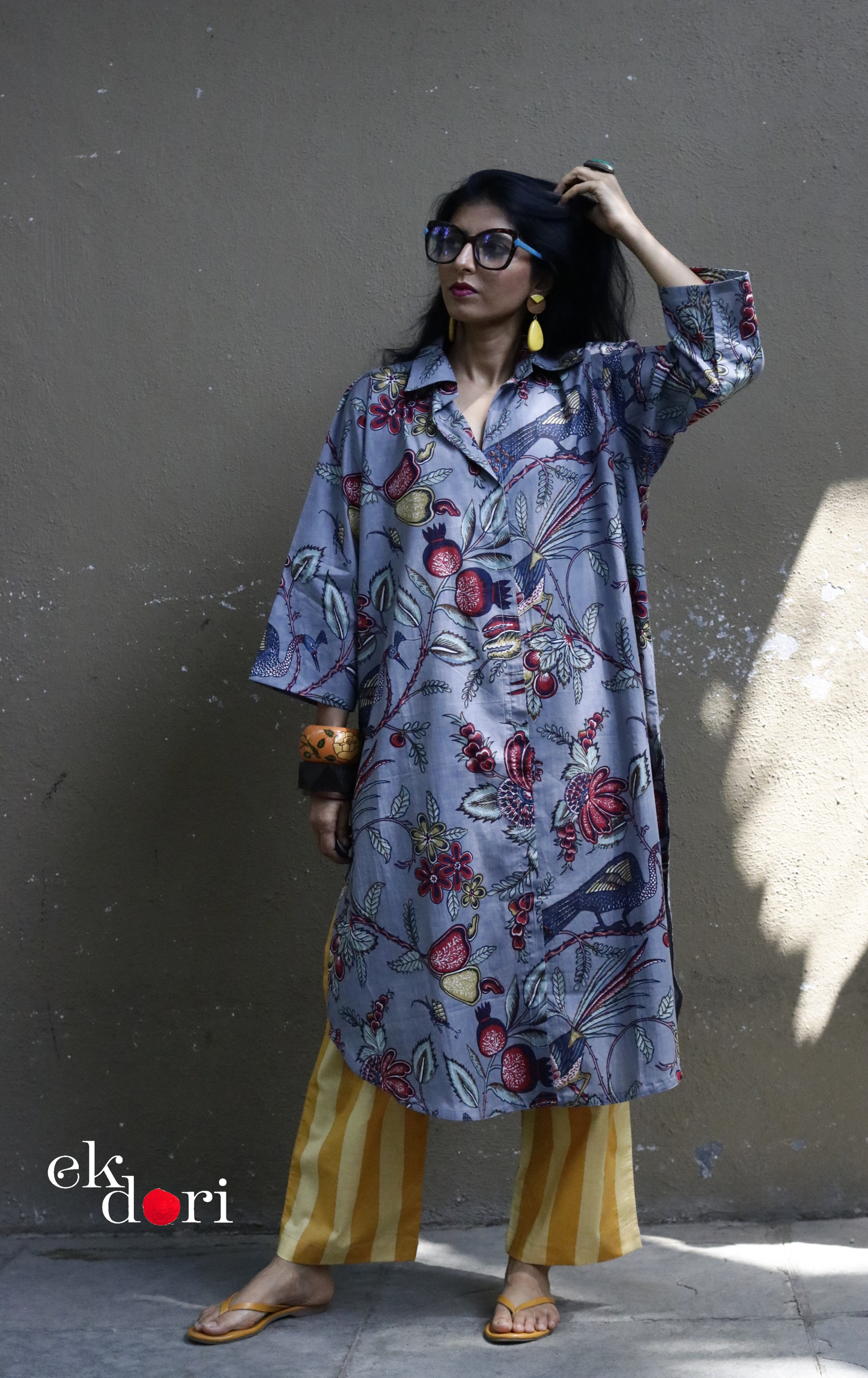 Cotton Kurta Co-Ord Set 'Grey Birdsong' : Buy Palazzo Pant Kurta Cotton Co-ord Set In Bright Fun Print