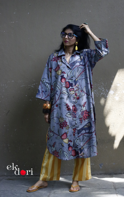 Cotton Kurta Co-Ord Set 'Grey Birdsong' : Buy Palazzo Pant Kurta Cotton Co-ord Set In Bright Fun Print