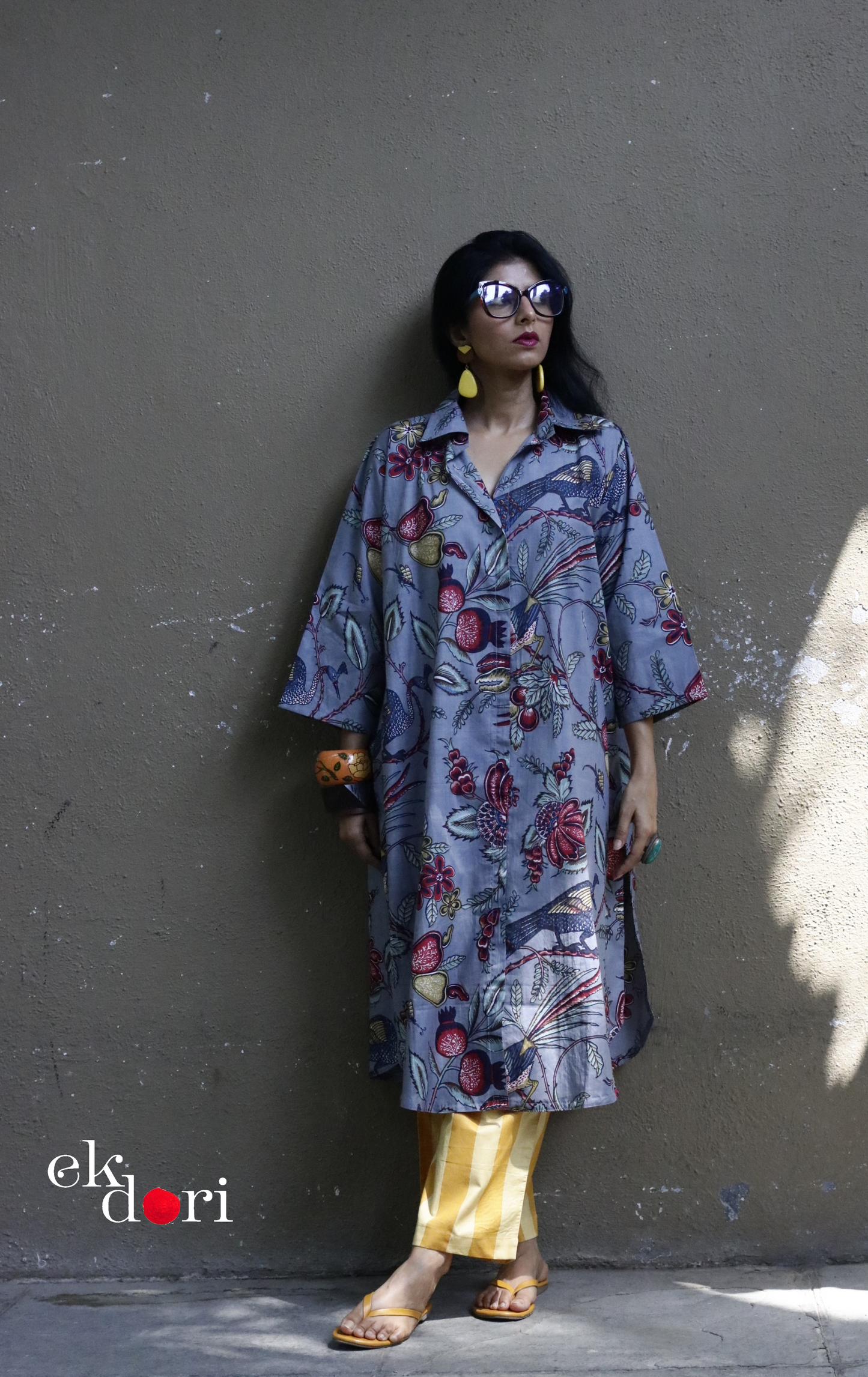 Cotton Kurta Co-Ord Set 'Grey Birdsong' : Buy Palazzo Pant Kurta Cotton Co-ord Set In Bright Fun Print