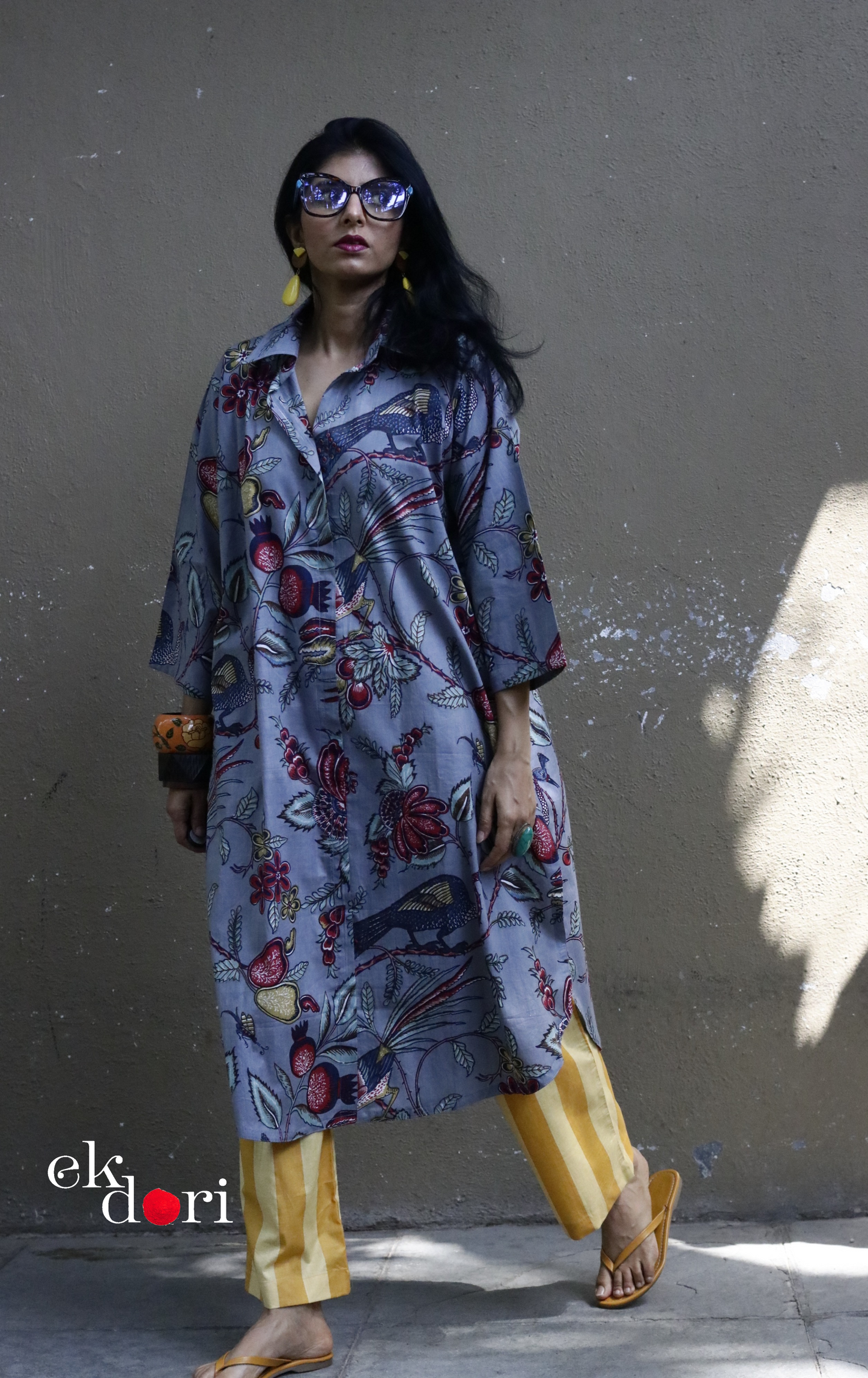 Cotton Kurta Co-Ord Set 'Grey Birdsong' : Buy Palazzo Pant Kurta Cotton Co-ord Set In Bright Fun Print