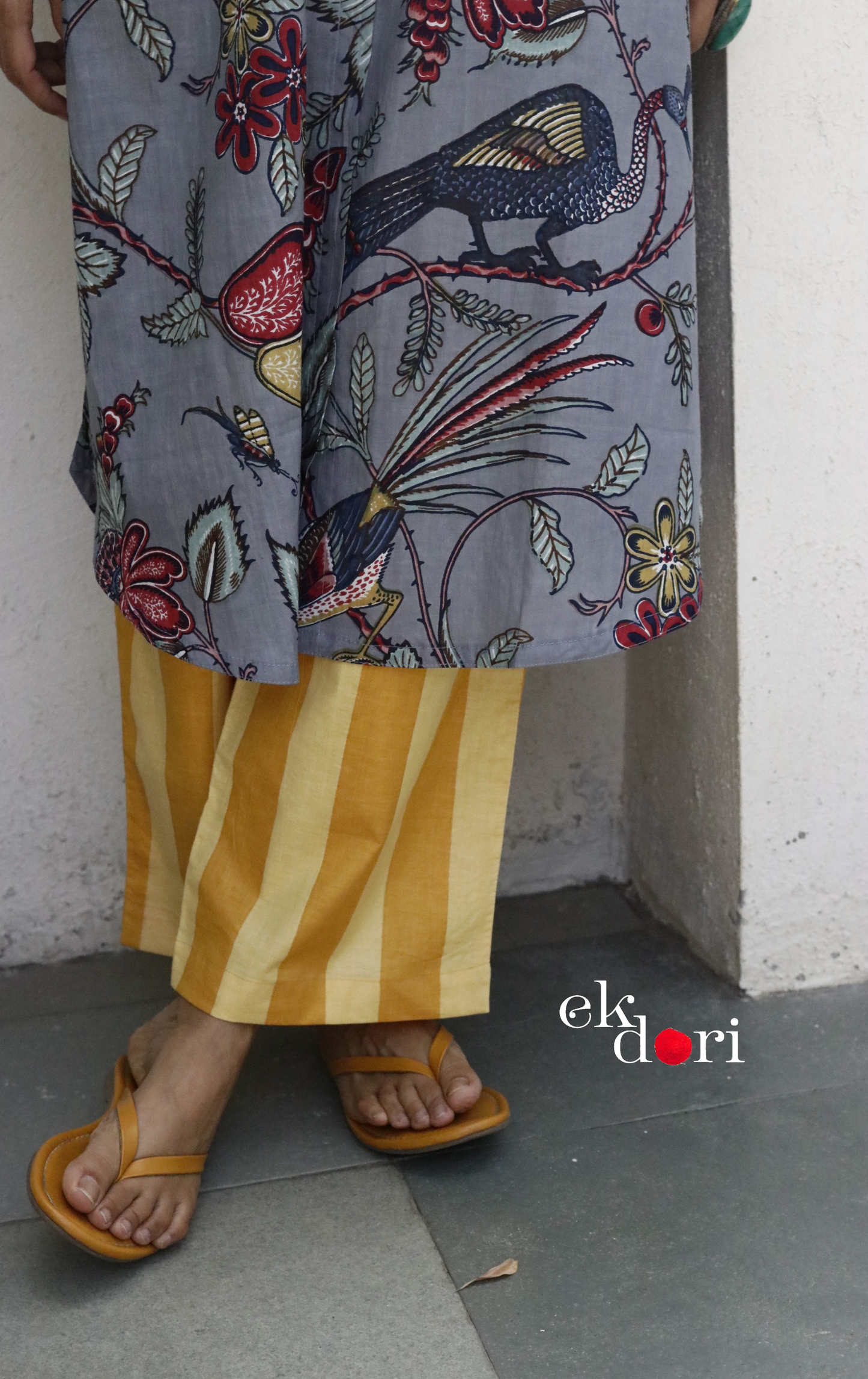 Cotton Kurta Co-Ord Set 'Grey Birdsong' : Buy Palazzo Pant Kurta Cotton Co-ord Set In Bright Fun Print