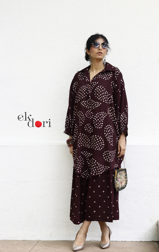 Bandhani 'Plum Rum' Maroon Cotton Co-ord Set : Buy Kurta Palazzo Cotton Co-ord Set Cotton Bandhani Set