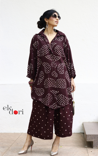 Bandhani 'Plum Rum' Maroon Cotton Co-ord Set : Buy Kurta Palazzo Cotton Co-ord Set Cotton Bandhani Set