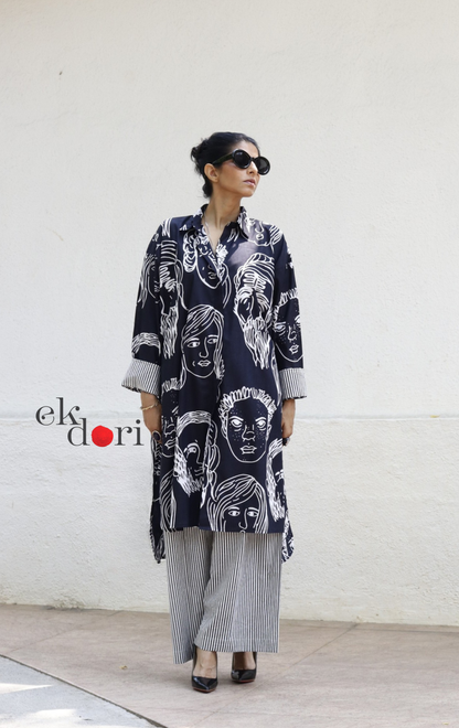 Cotton Kurta Co-Ord Set 'Portraits' : Buy Palazzo Pant Kurta Cotton Co-ord Set In Quirky Fun Print
