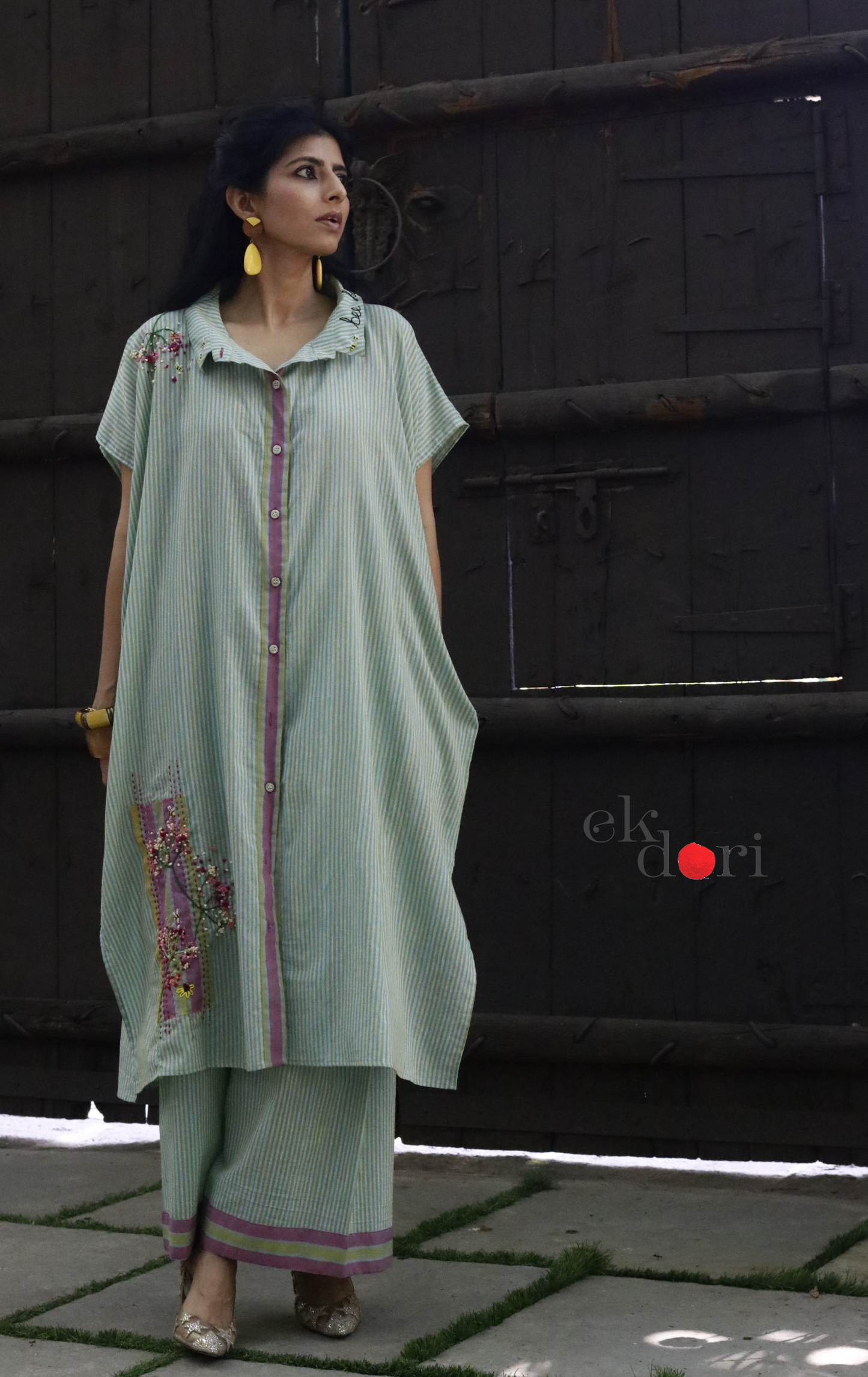 'Bees & Buds' Fun Embroidered Cotton Co-ord Set : Buy Palazzo Pant Kurta Cotton Co-ord Set