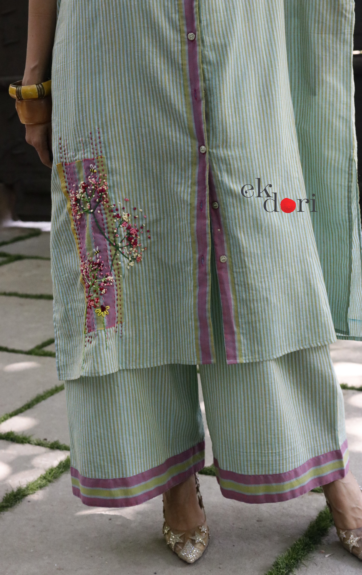 'Bees & Buds' Fun Embroidered Cotton Co-ord Set : Buy Palazzo Pant Kurta Cotton Co-ord Set